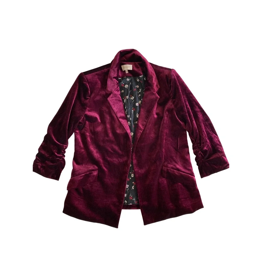 Skies Are Blue Burgundy Velvet Ruched 3/4 Sleeve Floral Lined Blazer S 23934W